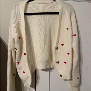 Cream Heart-Embroidered Button Cardigan Sweater
